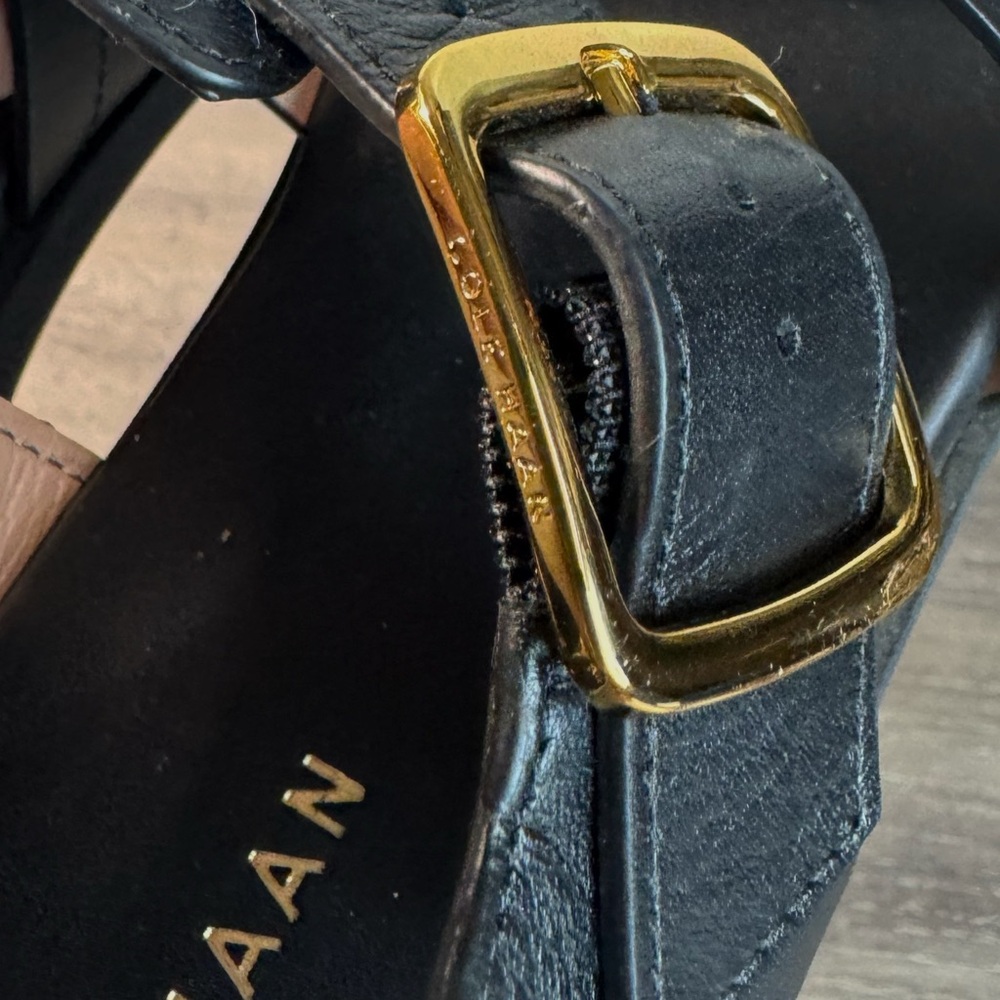 Cole Haan Black Leather Strappy Sandal with Gold Buckle Accent - Picture 8 of 11